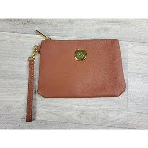 Joy Mangano Leather Wristlet Brown Pebbled Leather Striped Inside